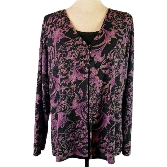 JM Collection Floral Overlay Top Purple Black Long Sleeves Relaxed Fit Size XL - Picture 1 of 14
